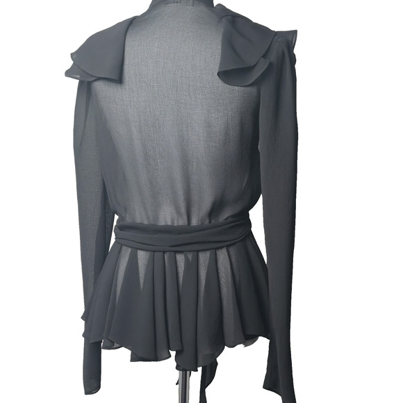 PHILOSOPHY DI LORENZO Serafini Black Sheer Faux-Wrap Ruffle Blouse Top Size 6 - Picture 3 of 7